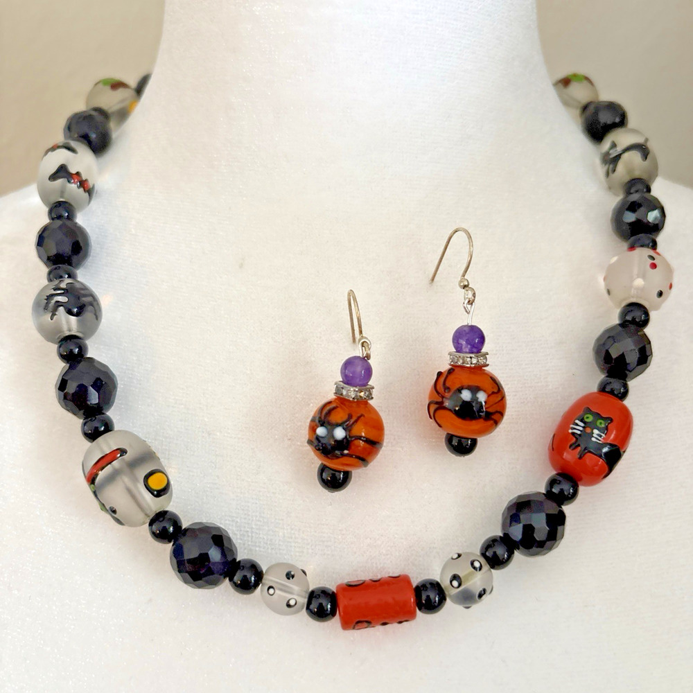 Halloween Hand Painted Glass Bead Rhinestone 20" Necklace Matching Earrings Set